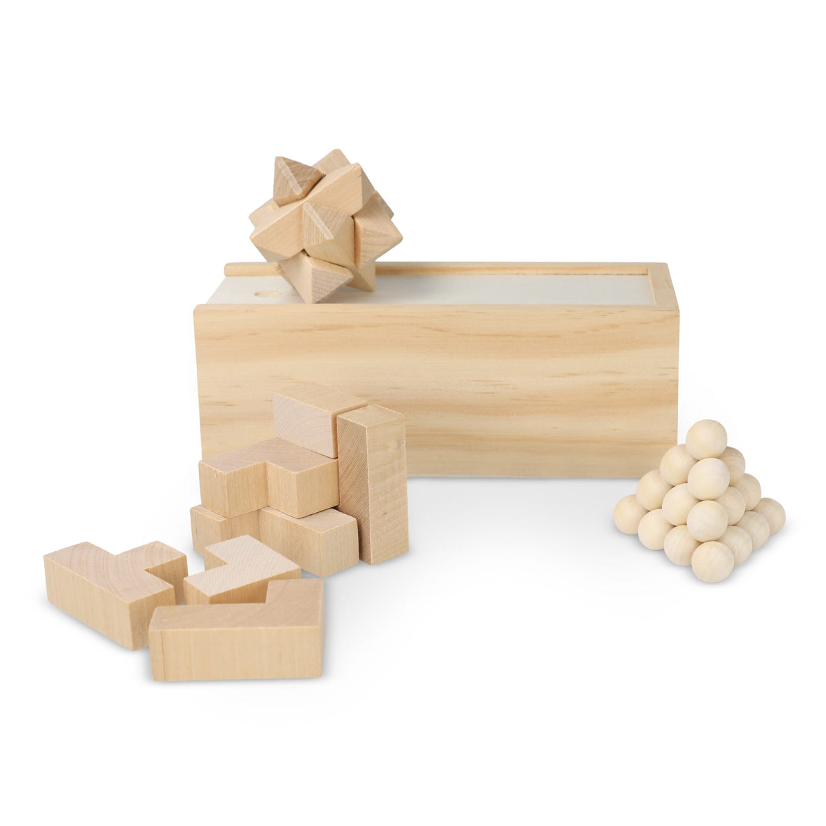 Denkspiele Set mit drei Holzpuzzles in Holzbox