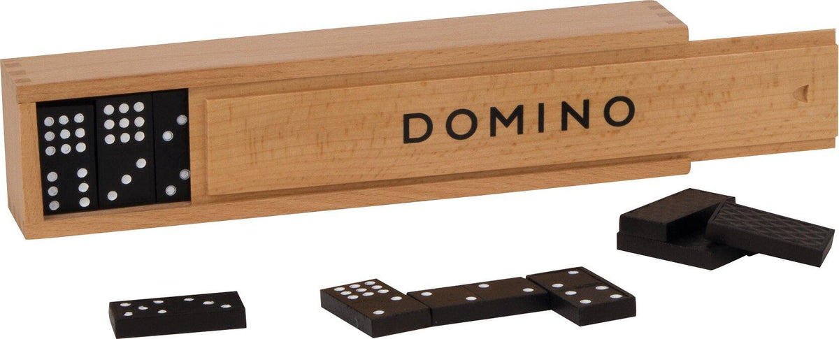 Dominospiel im Holzkasten mit 55 schwarzen Steinen