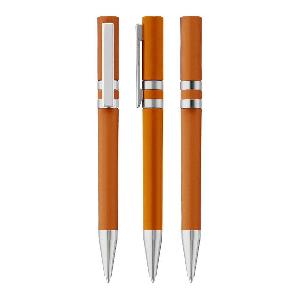 Drehkugelschreiber gedeckt mit silbernen Zierringen – Orange