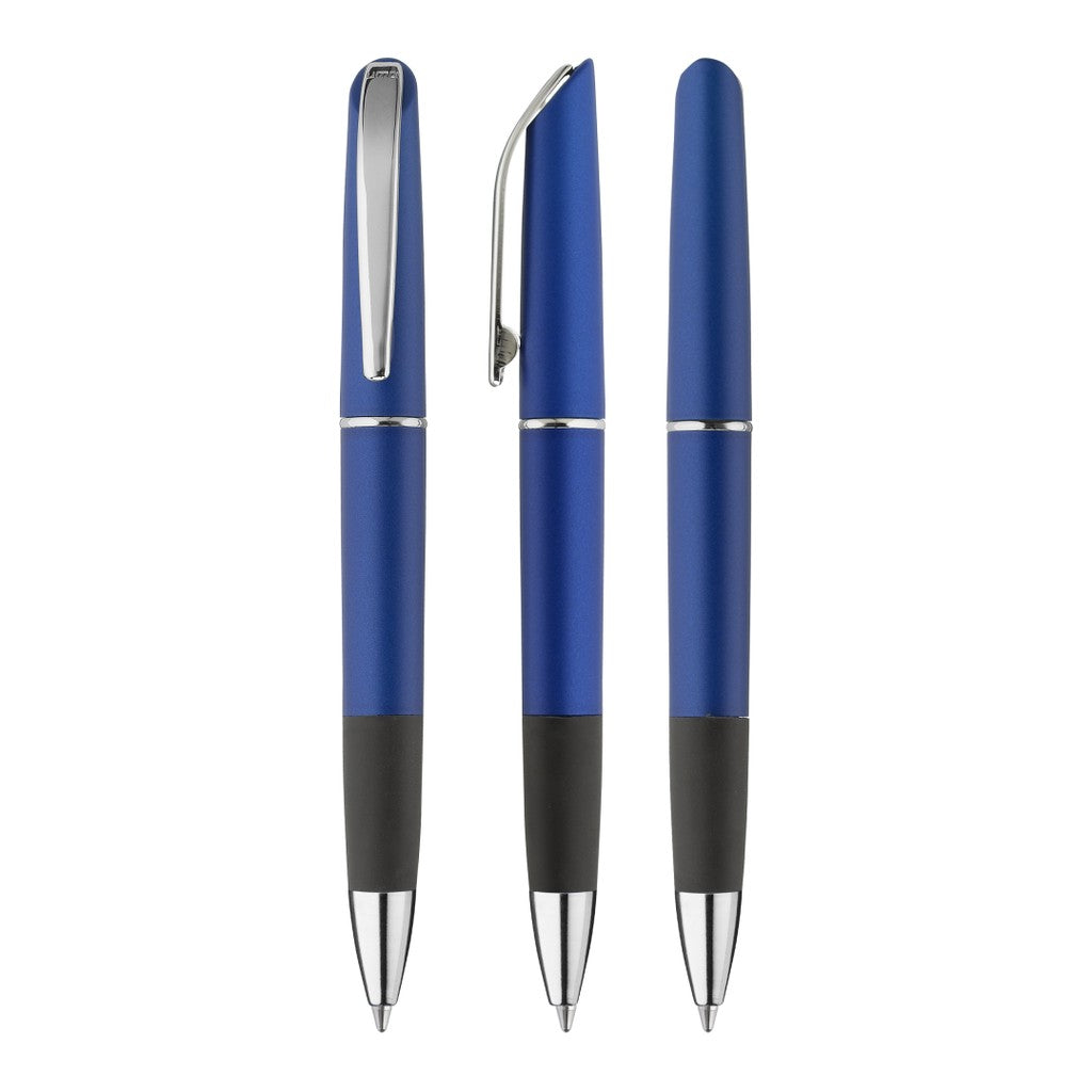 Drehkugelschreiber metallic mit Gummigriffzone – Blau