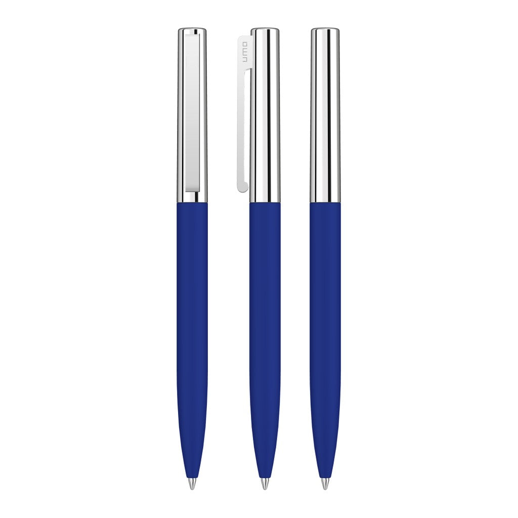 Drehkugelschreiber mit Soft Touch Griff und Chromkappe – Mittelblau