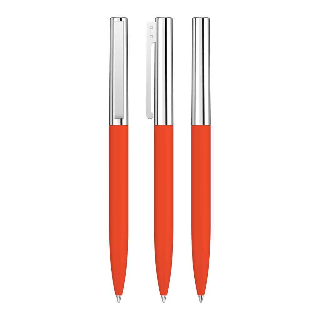 Drehkugelschreiber mit Soft Touch Griff und Chromkappe – Orange