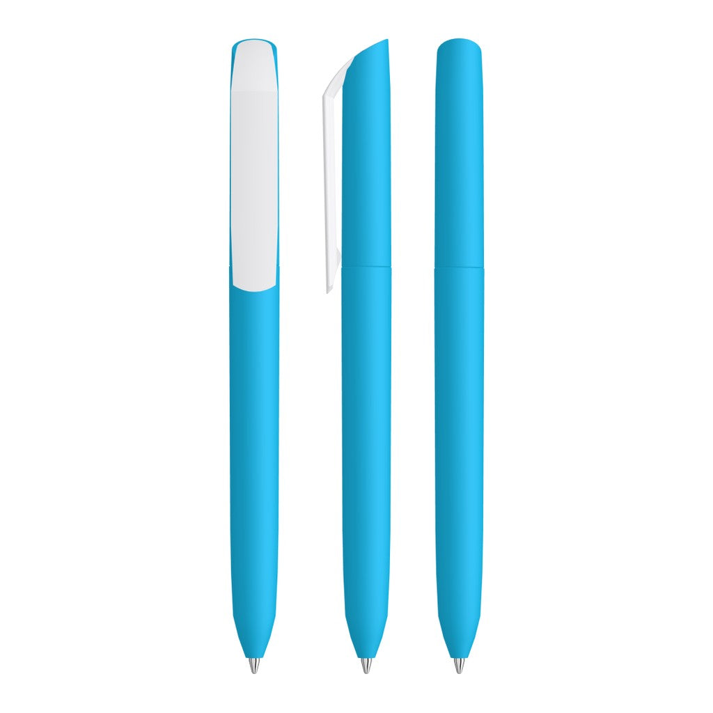Drehkugelschreiber mit Softtouch Griff und weißer Kappe – Cyan