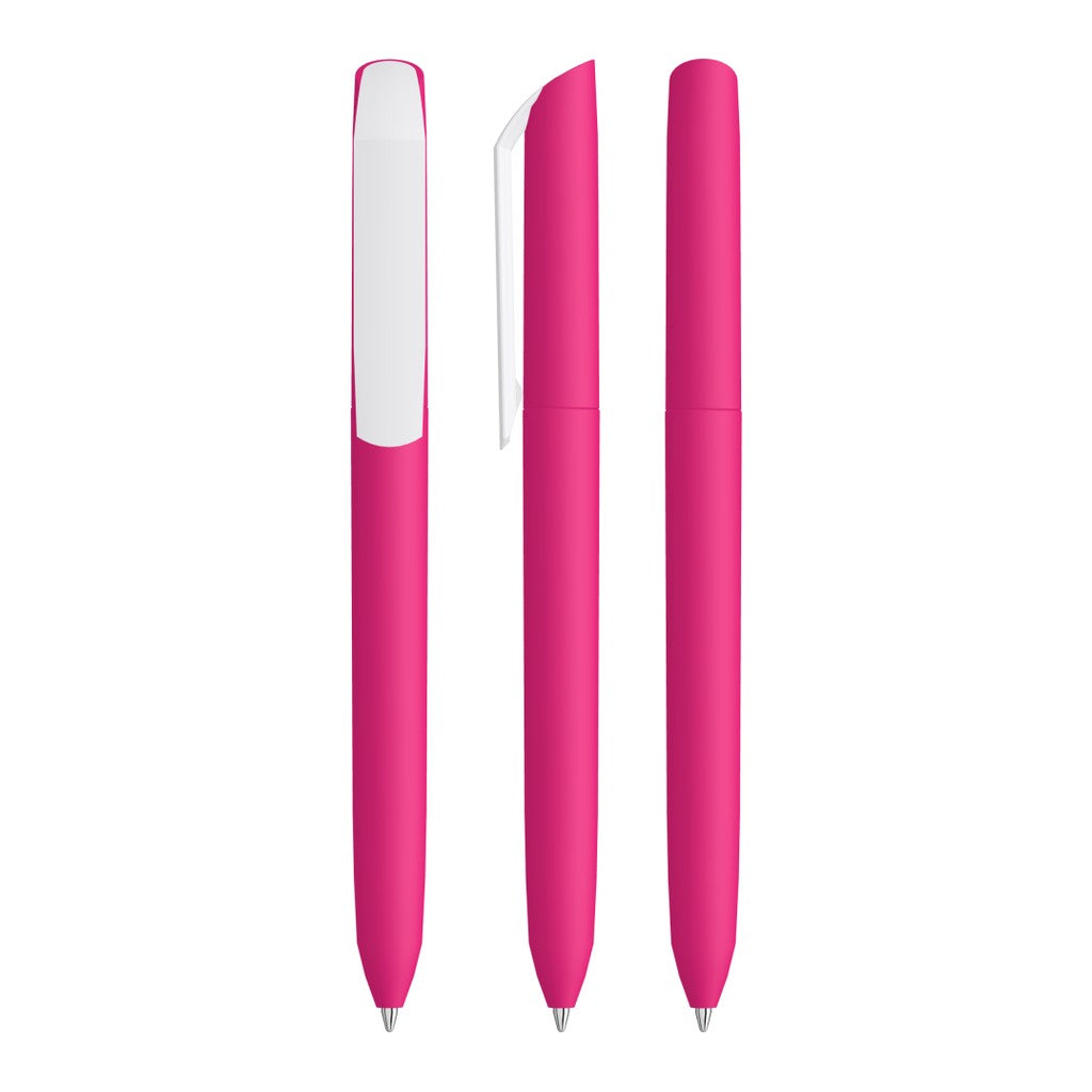 Drehkugelschreiber mit Softtouch Griff und weißer Kappe – Magenta