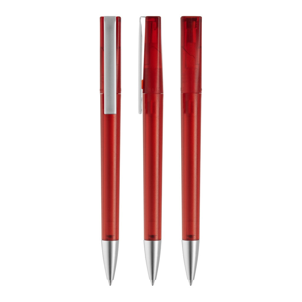 Drehkugelschreiber transparent frozen, breiter Clip – Rot