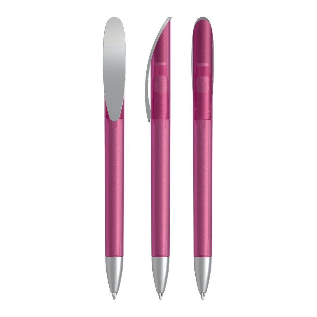 Drehkugelschreiber transparent frozen mit Bogenclip – Magenta