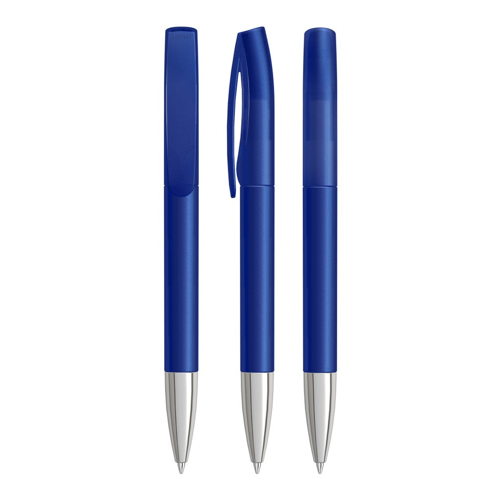 Drehkugelschreiber transparent frozen mit Chromspitze – Dunkelblau
