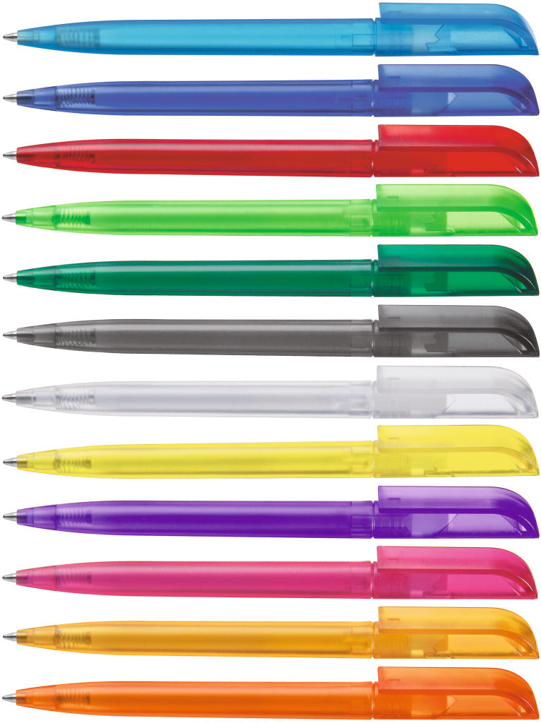 Drehkugelschreiber transparent frozen mit gebogenem Clip – alle Farben
