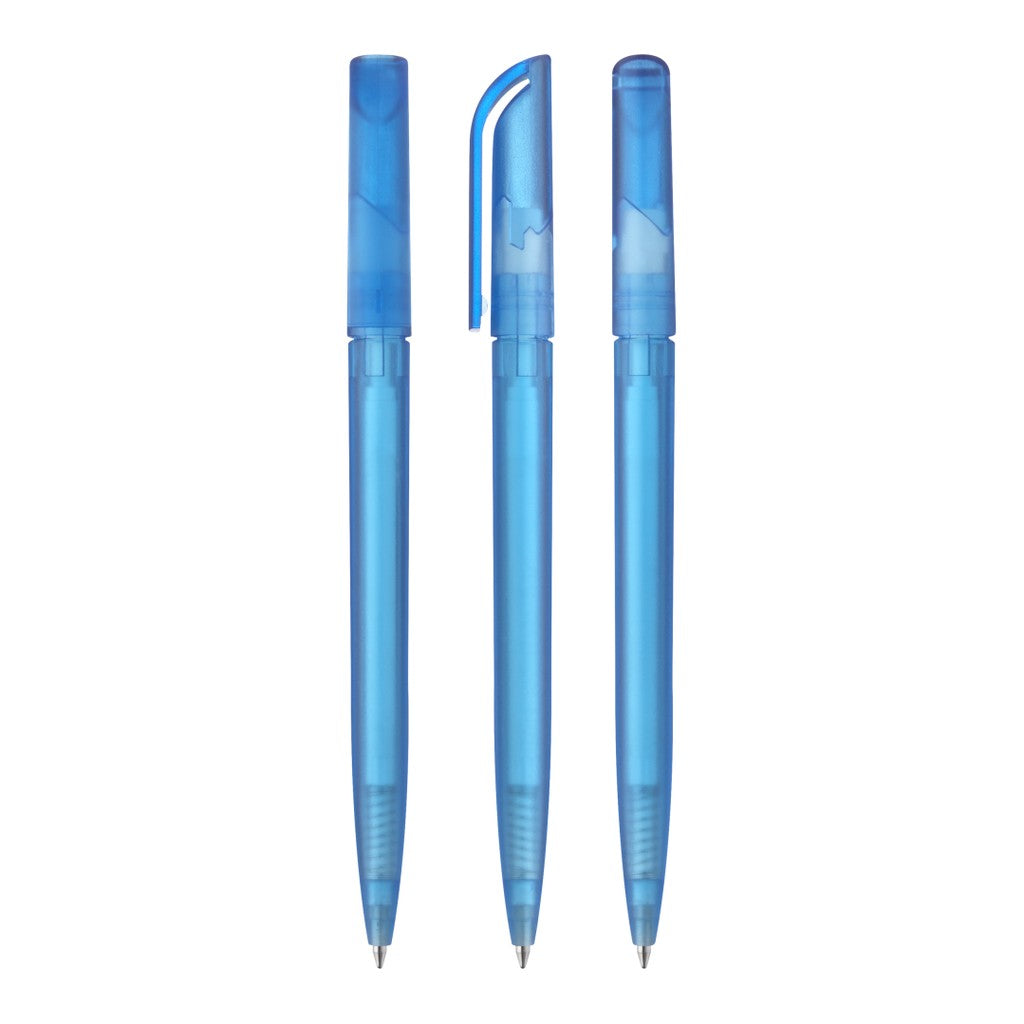 Drehkugelschreiber transparent frozen mit gebogenem Clip – Hellblau