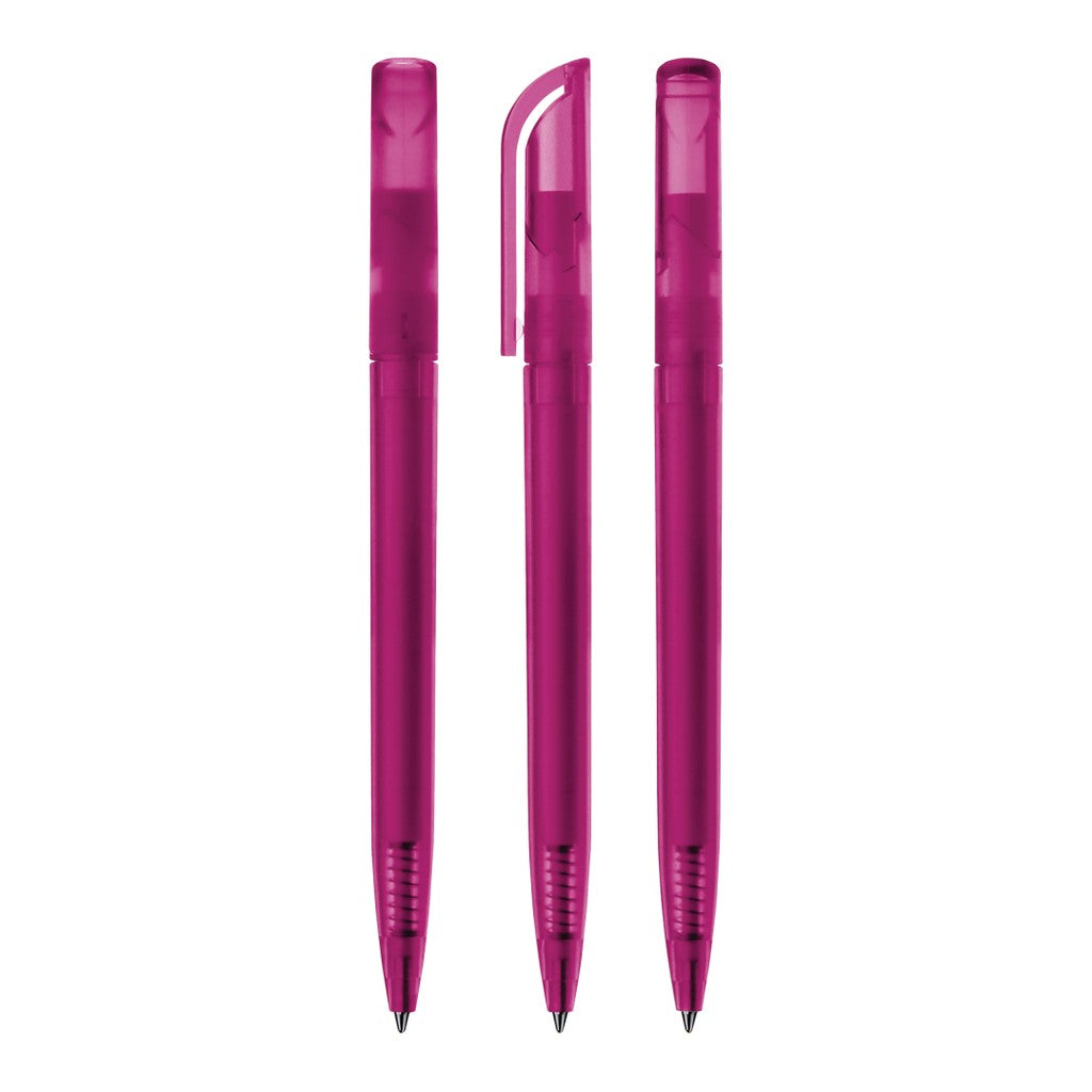 Drehkugelschreiber transparent frozen mit gebogenem Clip – Magenta