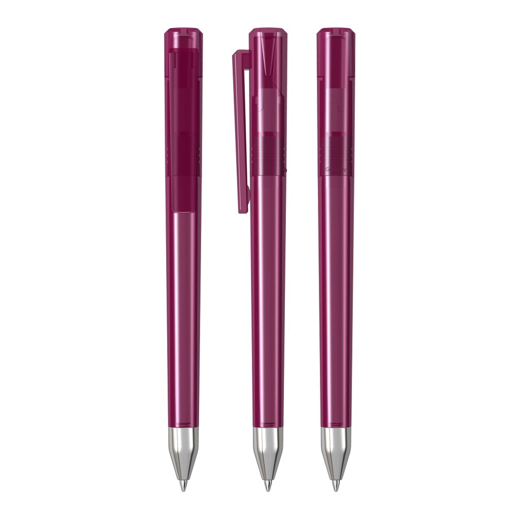 Drehkugelschreiber transparent glänzend, farbiger Stopfen – Magenta