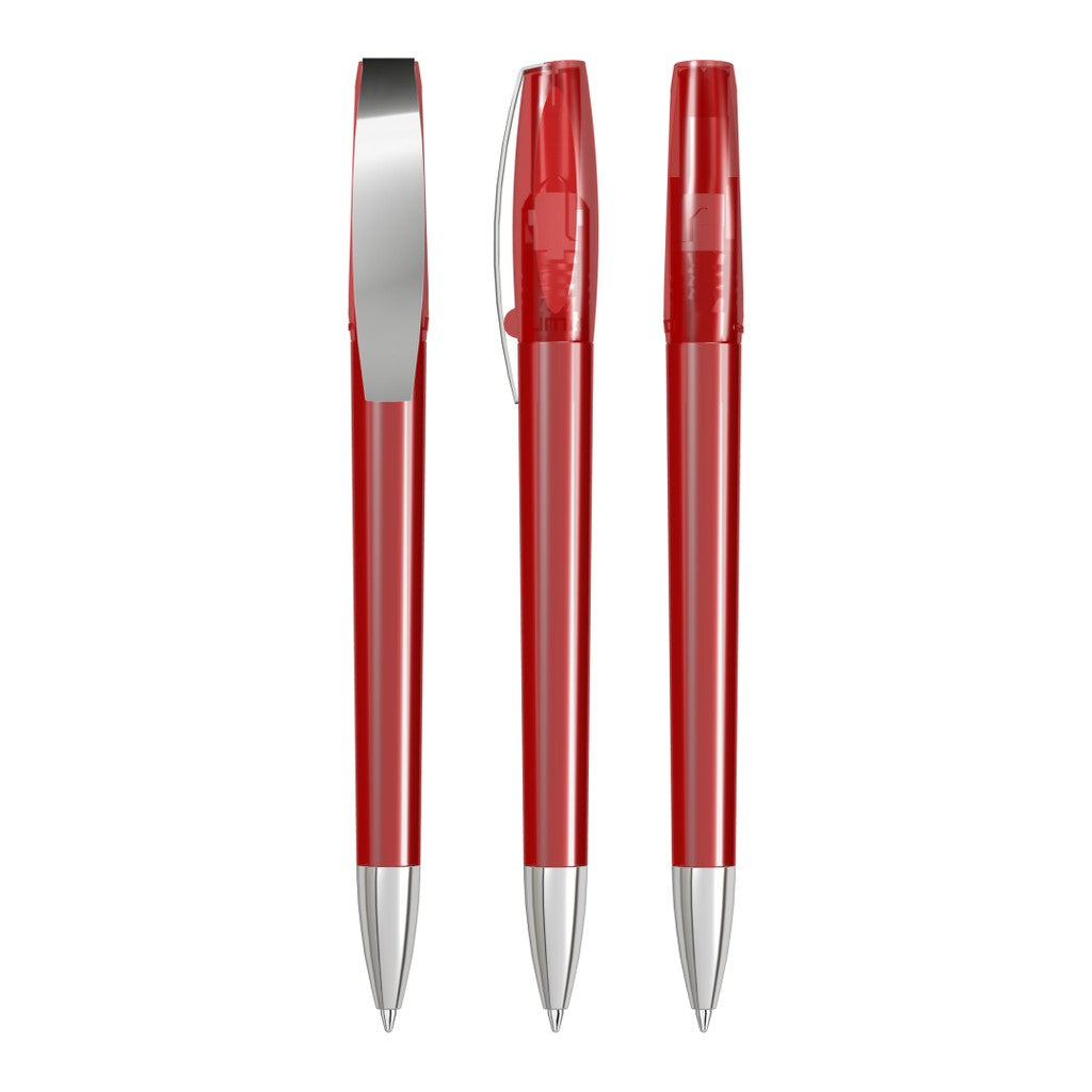 Drehkugelschreiber transparent glänzend mit Chromclip – Rot