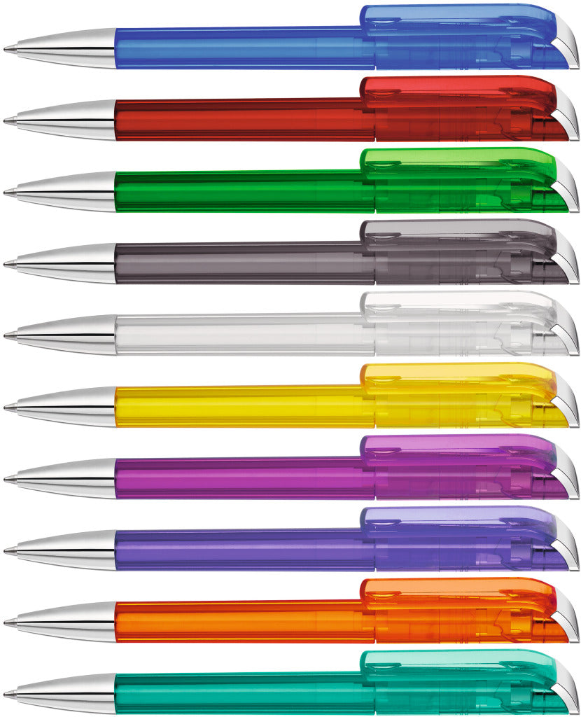 Drehkugelschreiber transparent glänzend mit Chromstopfen – alle Farben