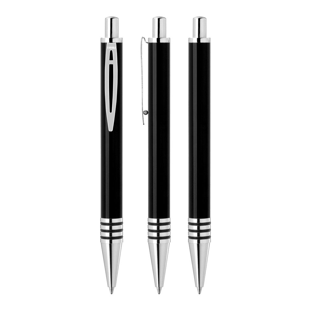 Druckkugelschreiber aus glänzendem Metall mit Gummiringen – Schwarz