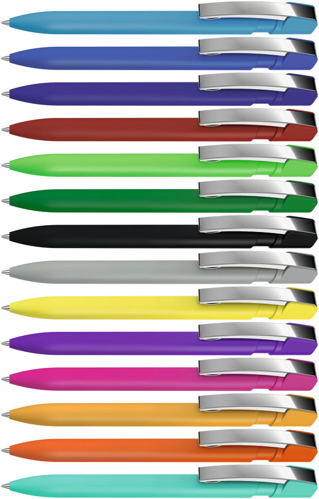 Druckkugelschreiber gummiert mit flexiblem Metallclip – alle Farben