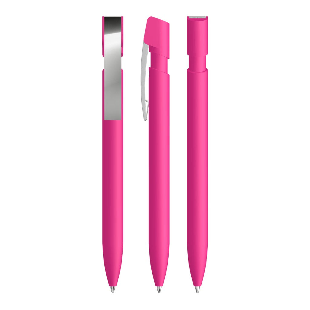 Druckkugelschreiber gummiert mit flexiblem Metallclip – Magenta
