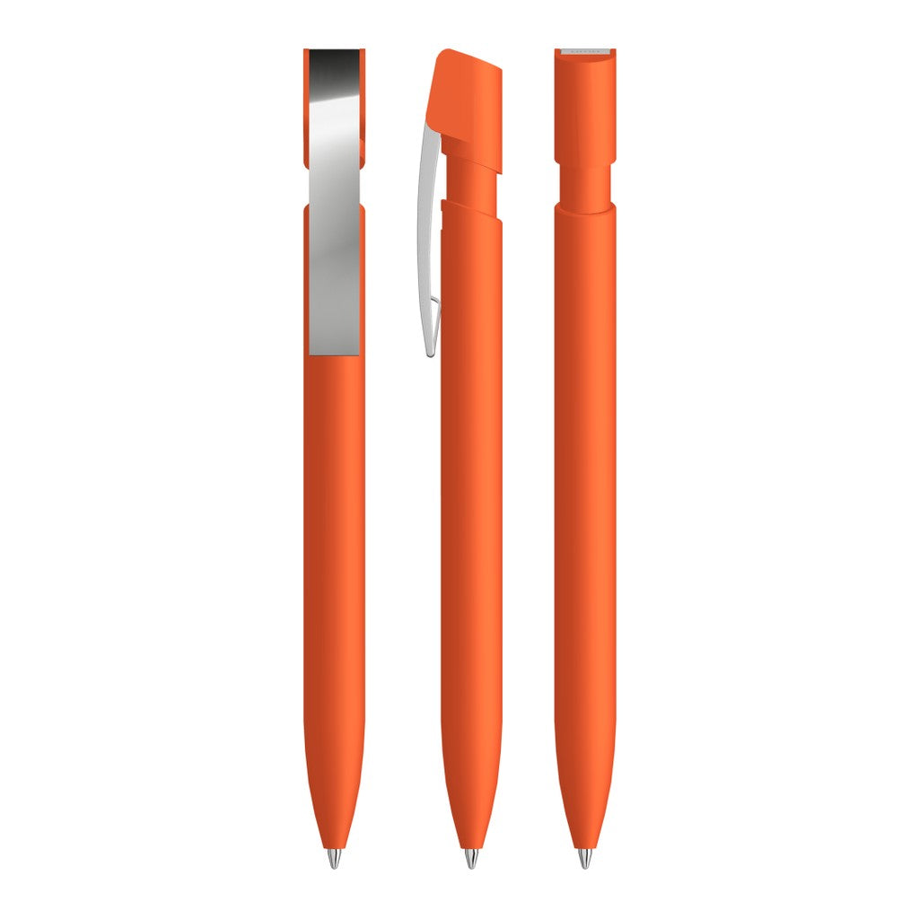 Druckkugelschreiber gummiert mit flexiblem Metallclip – Orange