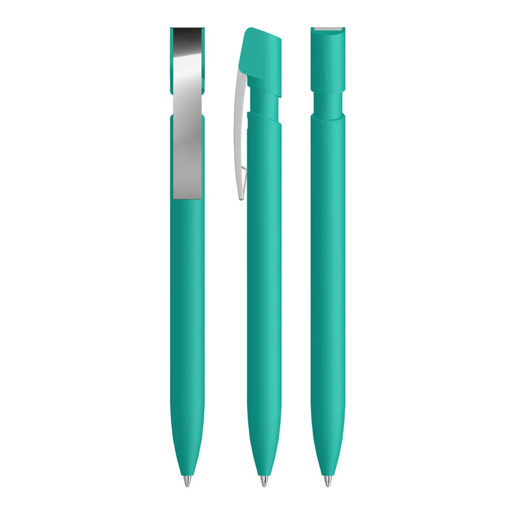 Druckkugelschreiber gummiert mit flexiblem Metallclip – Petrol