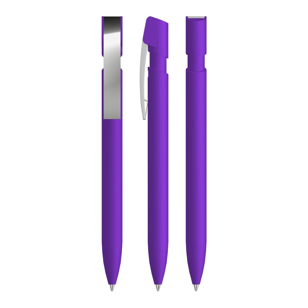 Druckkugelschreiber gummiert mit flexiblem Metallclip – Violett