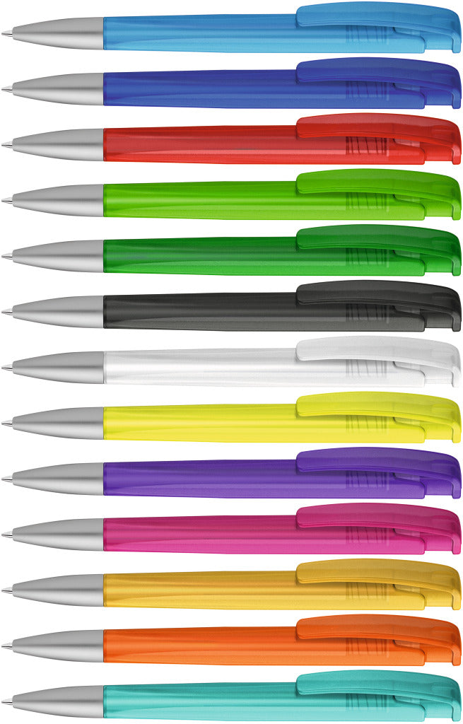 Druckkugelschreiber mit geometrischem Schaft transparent – alle Farben