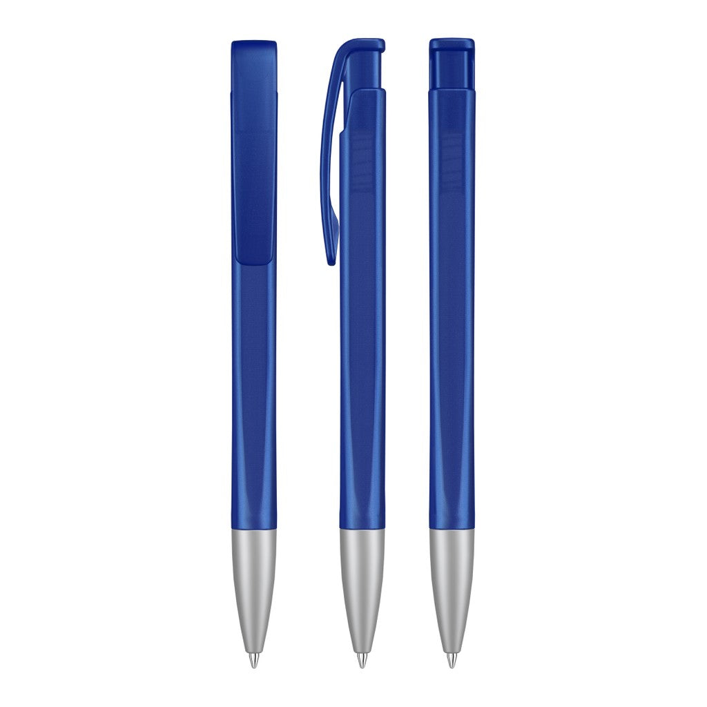 Druckkugelschreiber mit geometrischem Schaft transparent – Dunkelblau