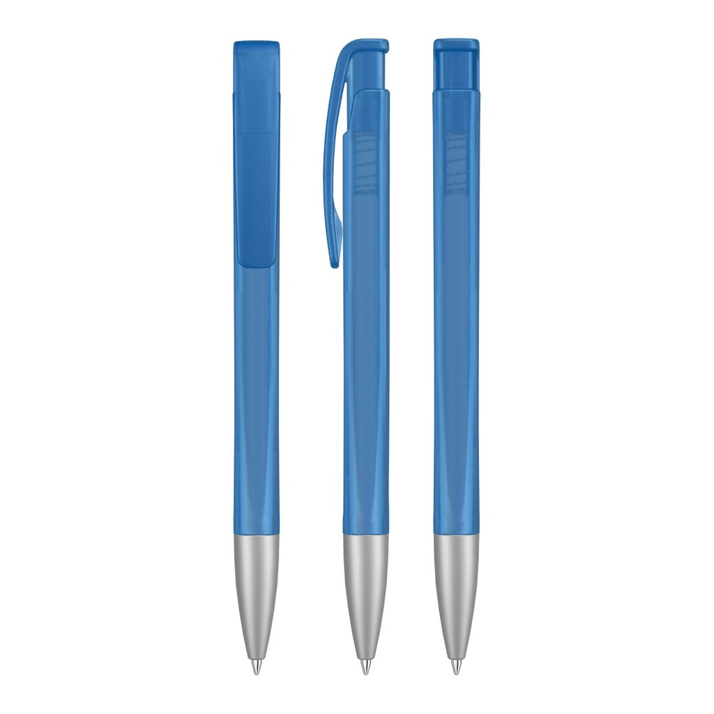 Druckkugelschreiber mit geometrischem Schaft transparent – Hellblau