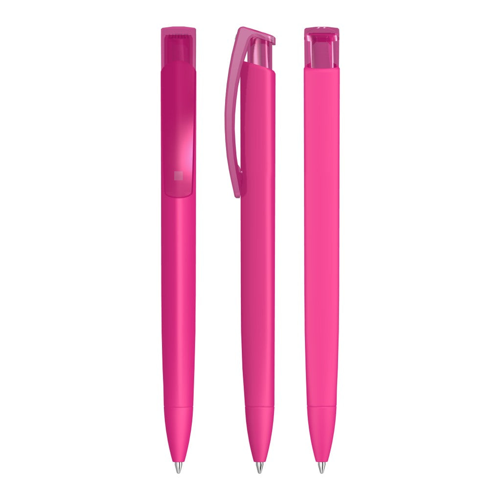 Druckkugelschreiber mit Gum Griff und transparentem Clip – Magenta
