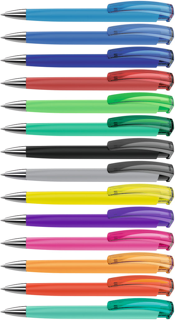Druckkugelschreiber mit Gum Griff und verchromter Spitze – alle Farben