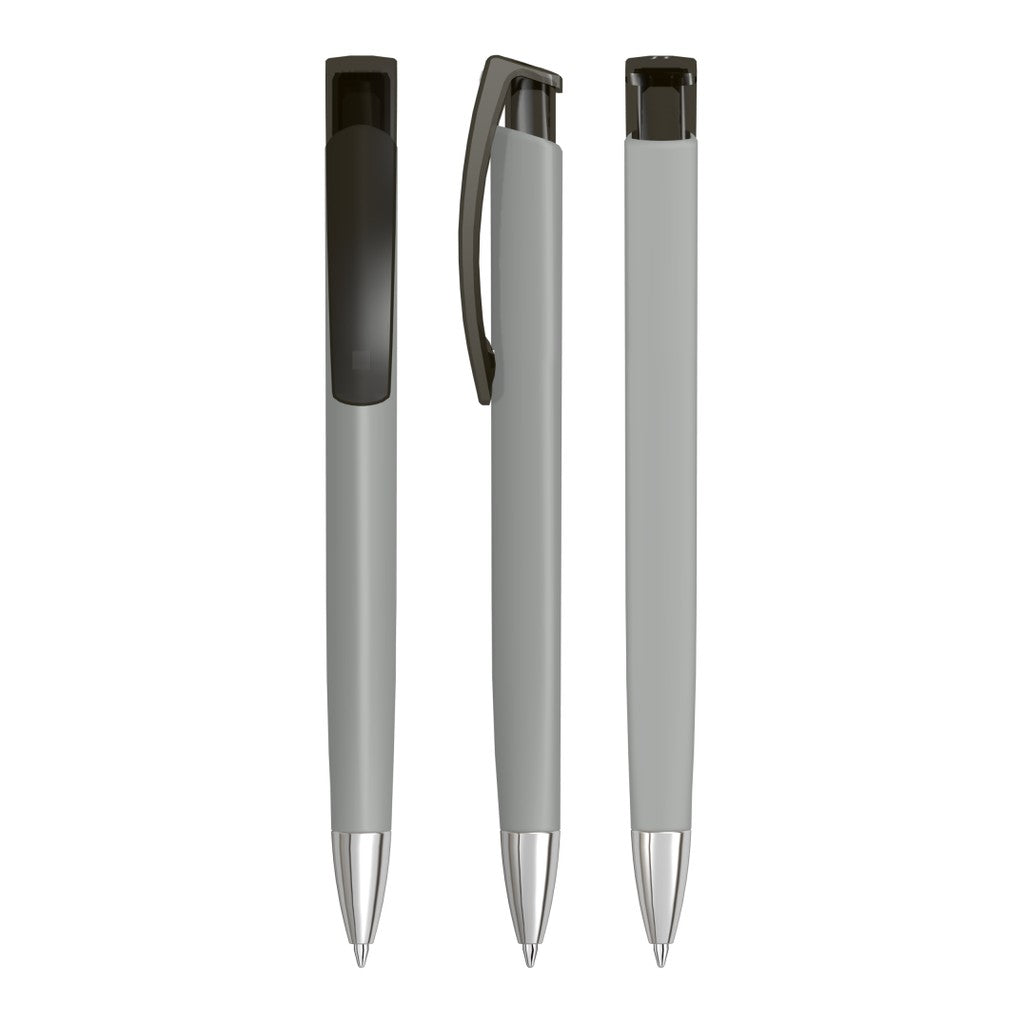 Druckkugelschreiber mit Gum Griff und verchromter Spitze – Grau