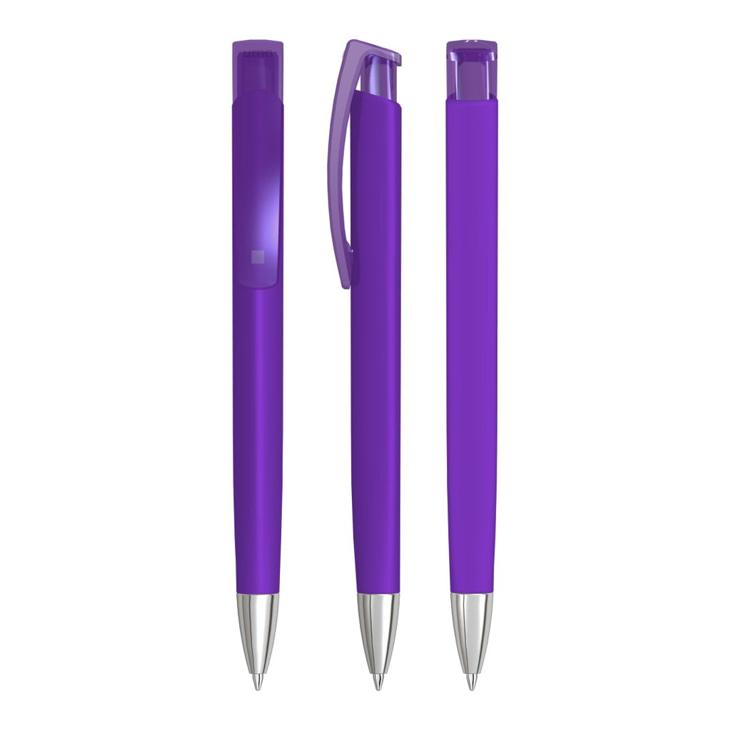 Druckkugelschreiber mit Gum Griff und verchromter Spitze – Violett
