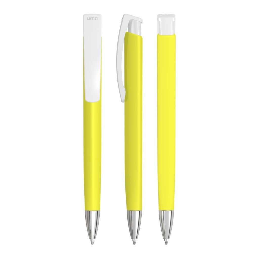 Druckkugelschreiber mit Gum Oberfläche und weißem Clip – Gelb