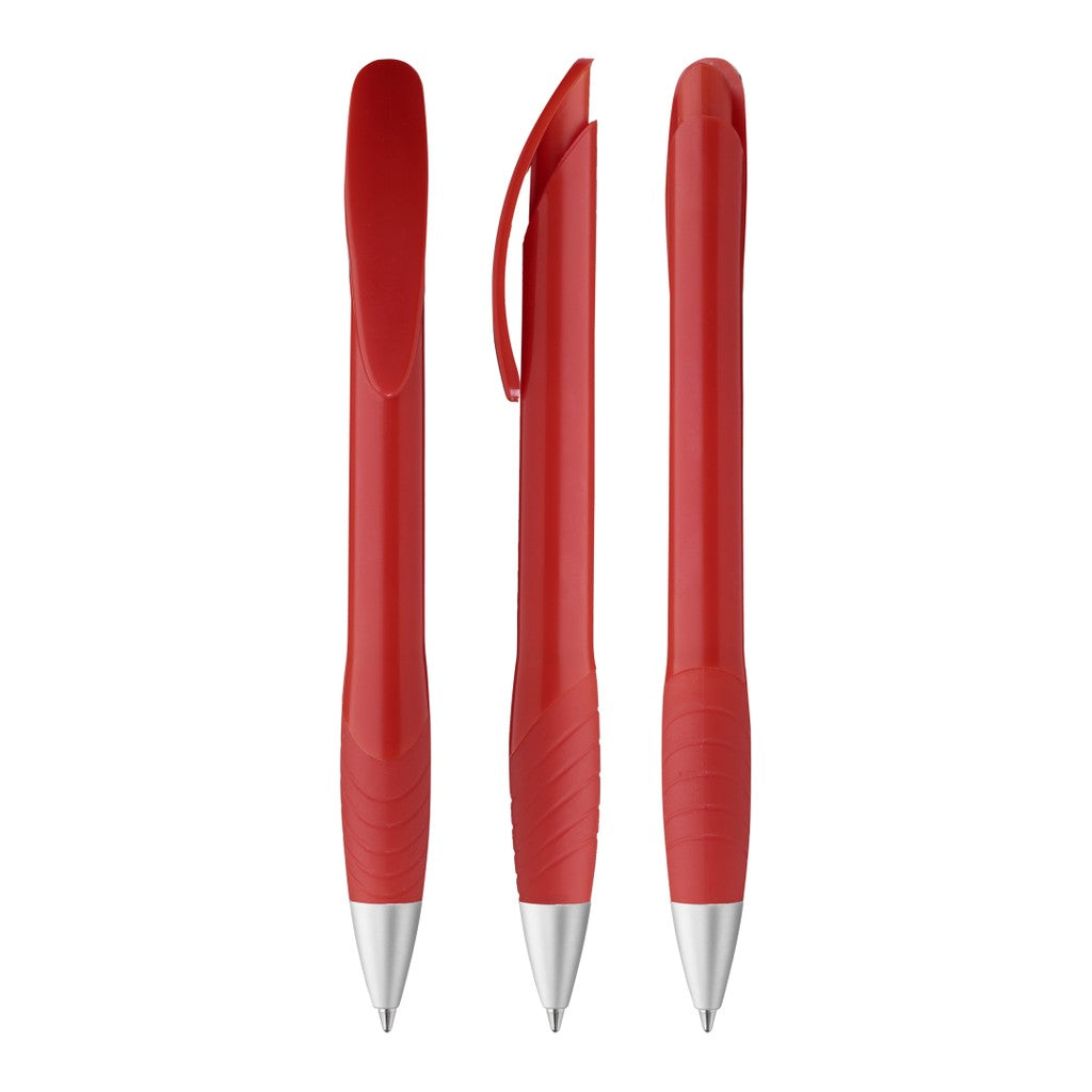 Druckkugelschreiber mit Metallspitze und Gummigriffzone – Rot