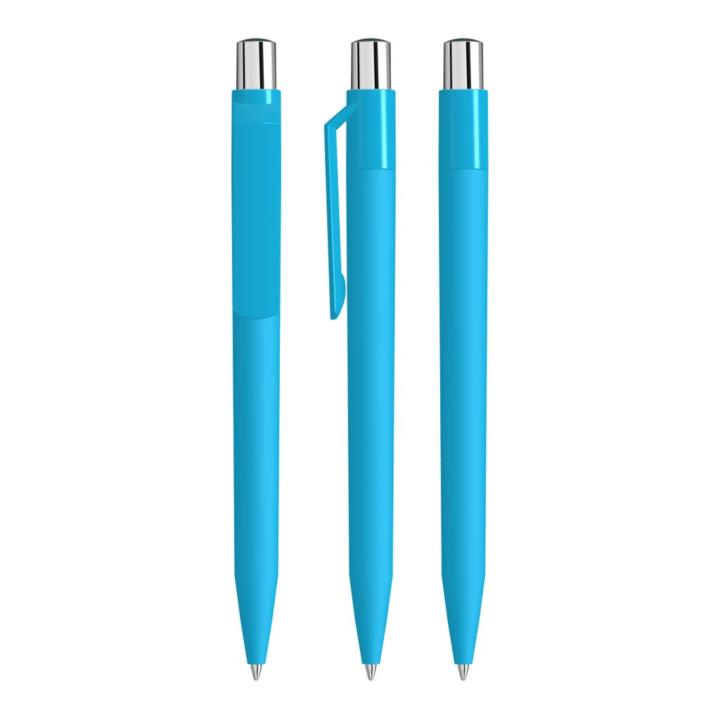 Druckkugelschreiber mit Soft Touch Schaft und gedecktem Clip – Cyan
