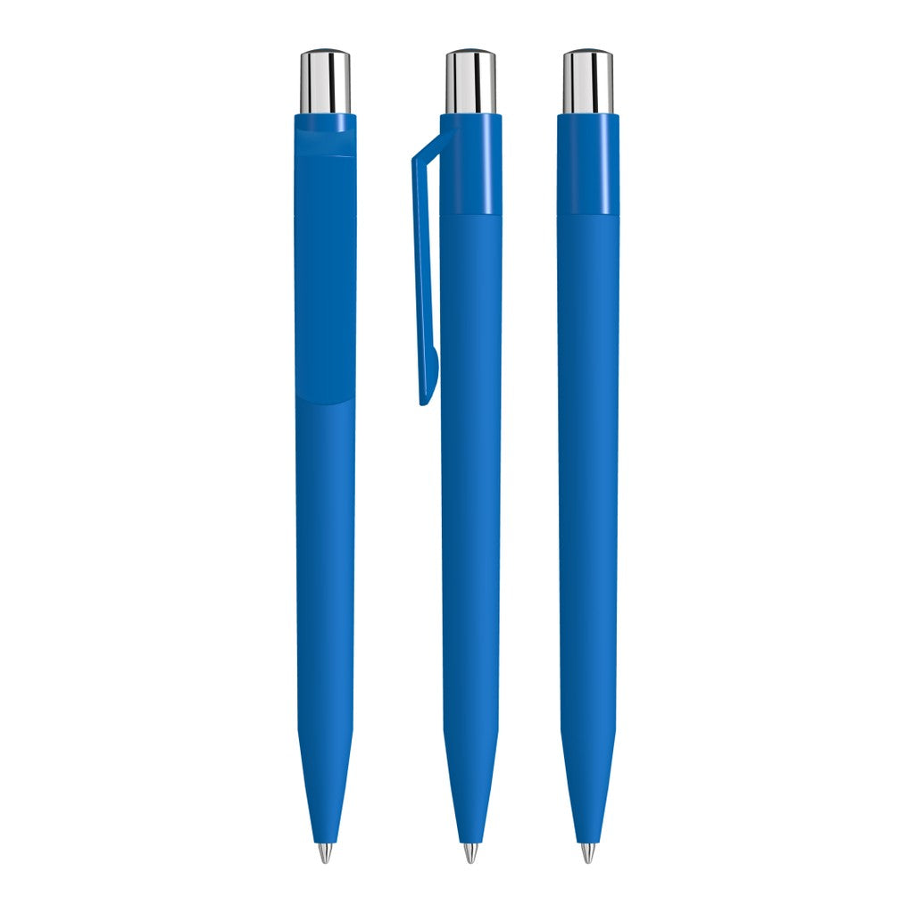 Druckkugelschreiber mit Soft Touch Schaft und gedecktem Clip – Mittelblau