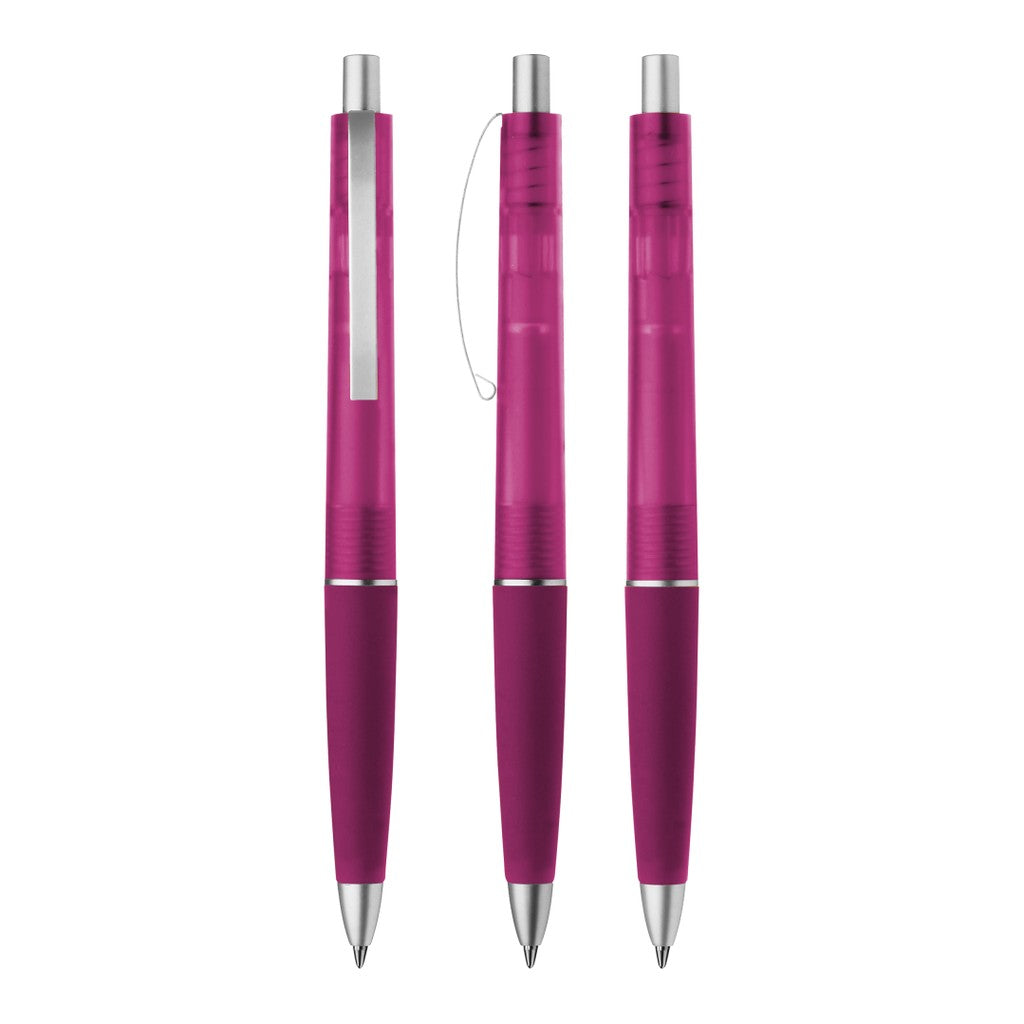 Druckkugelschreiber transparent frozen mit Metallclip – Magenta