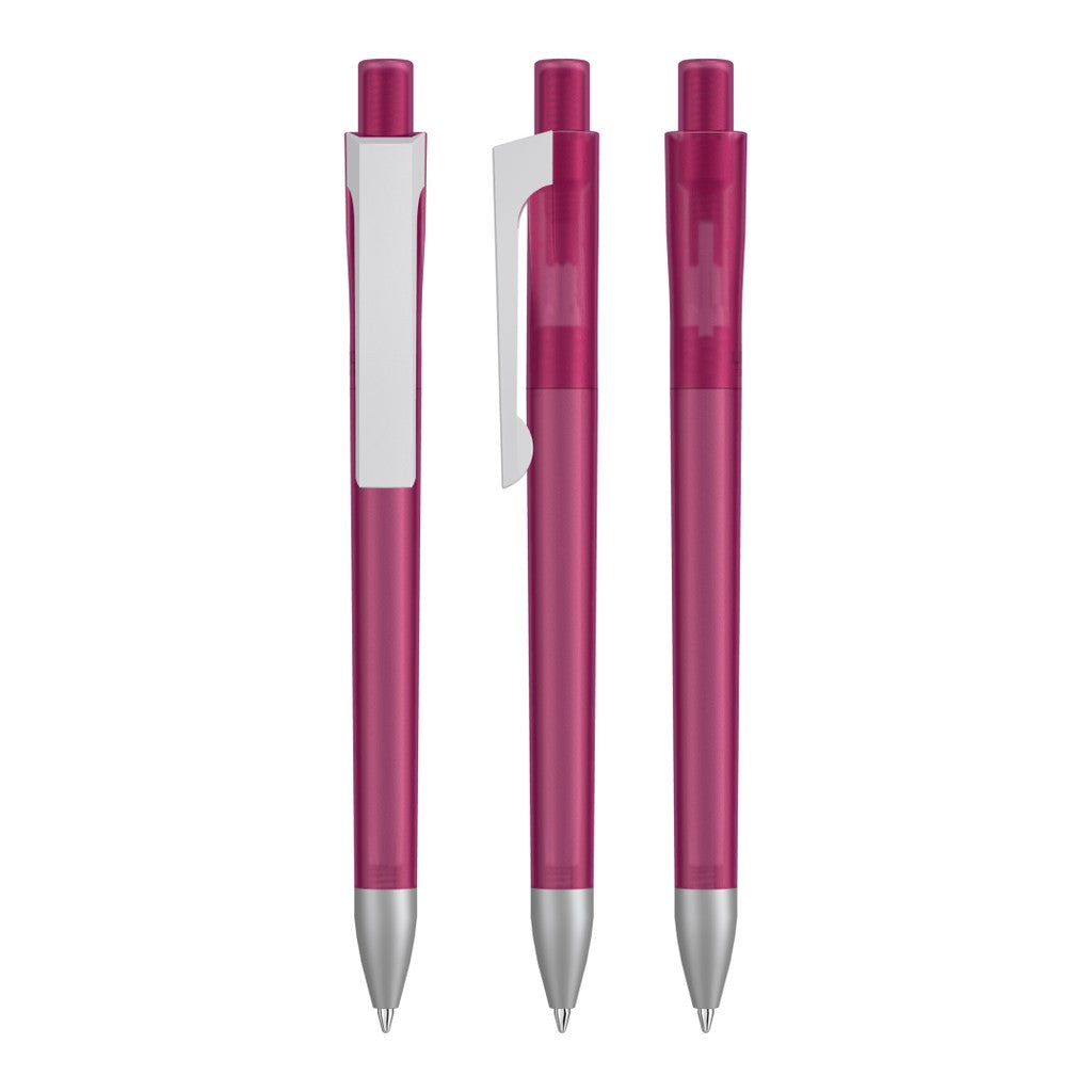 Druckkugelschreiber transparent frozen, weißer Clip – Magenta