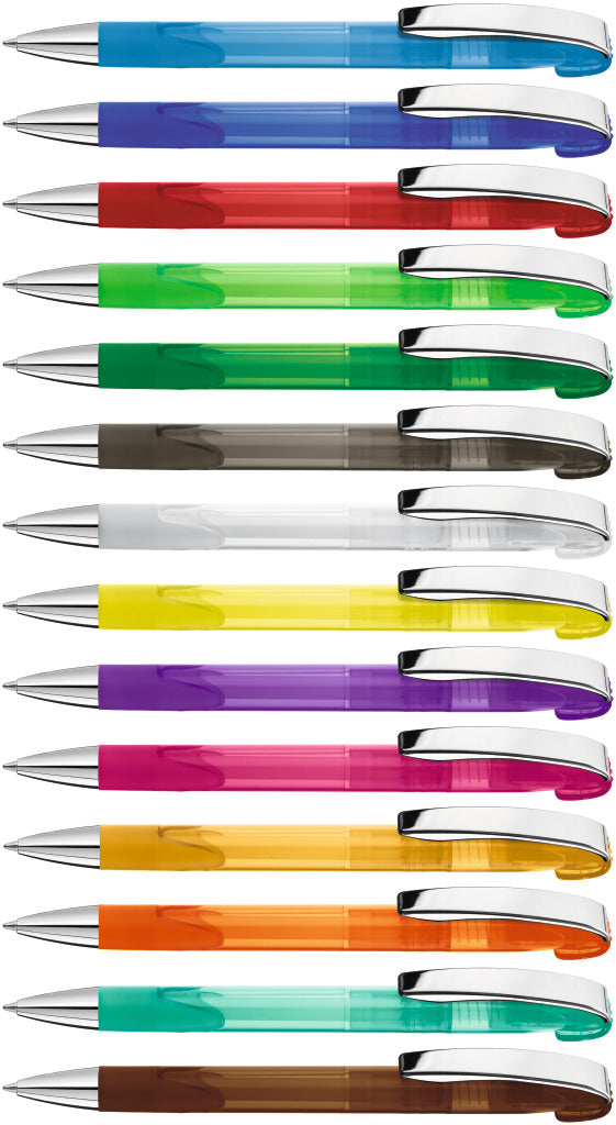 Druckkugelschreiber transparent glänzend mit Metallclip – alle Farben