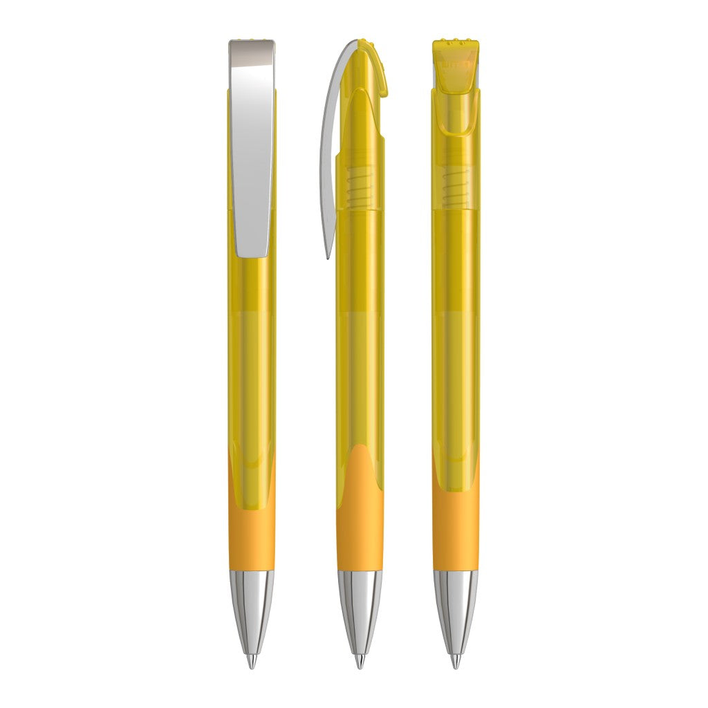 Druckkugelschreiber transparent glänzend mit Metallclip – Ocker