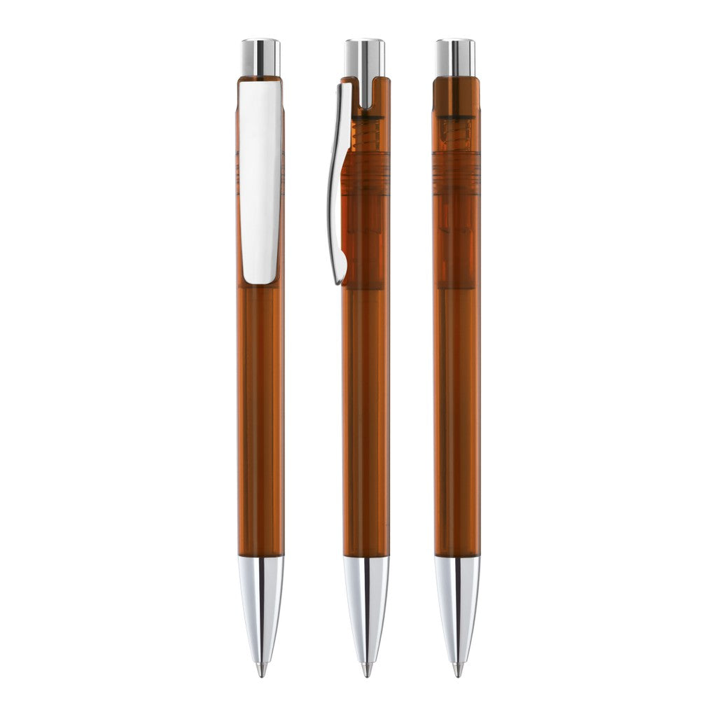 Druckkugelschreiber transparent mit Metallclip – Braun