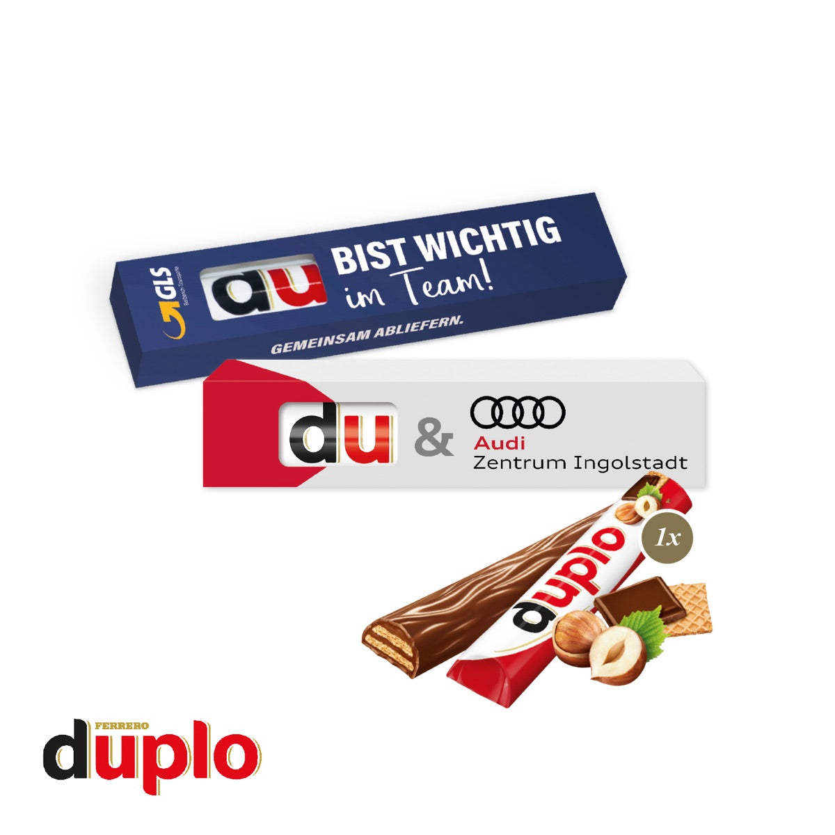 Schmale Werbekartonage mit einem duplo Riegel und weihnachtlichem Druck