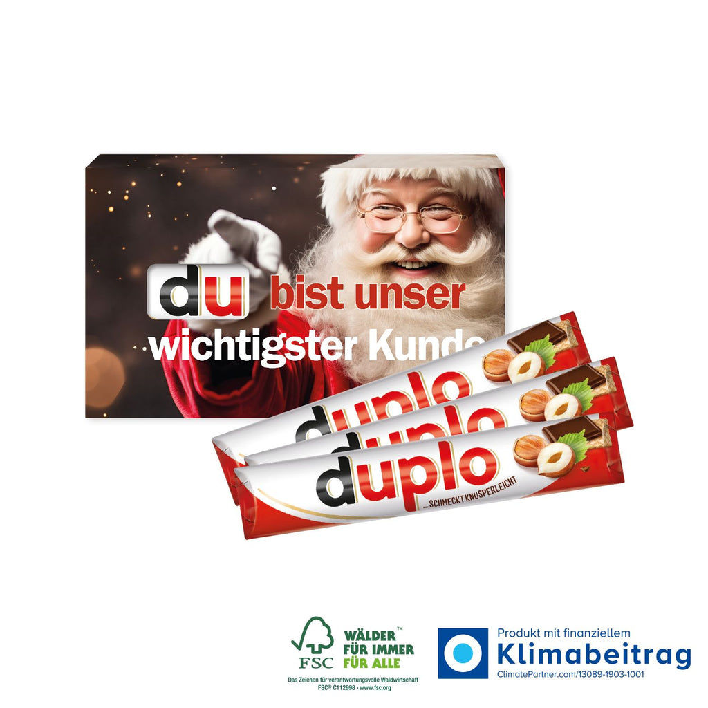 Nahaufnahme des Duplo 3er Riegels mit Nugatcreme, umhüllt von Vollmilchschokolade und kombiniert mit knusprigen Waffeln