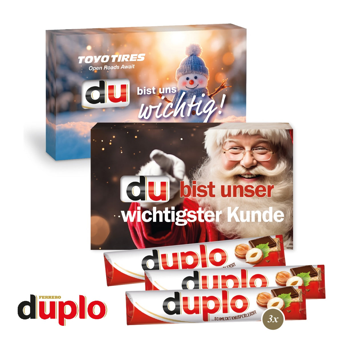 Hochformatige Werbekartonage mit drei duplo Riegeln und Weihnachtsdruck