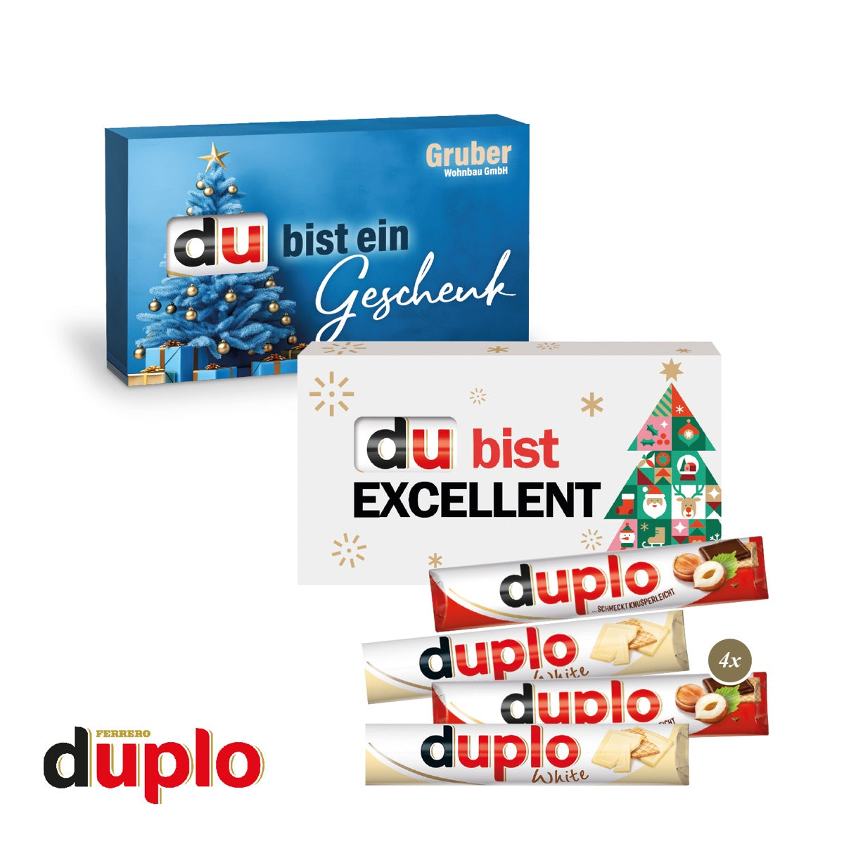 Flaches Adventsset mit vier duplo Riegeln in bedruckter Kartonhülle