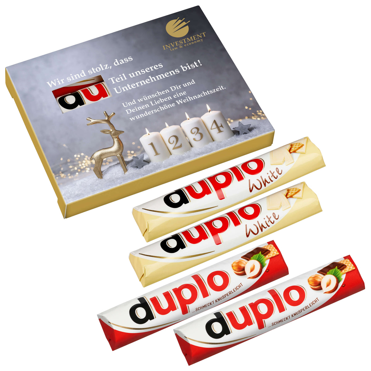 duplo Adventspack mit vier Riegeln in bedruckter Hülle mit Sichtfenster