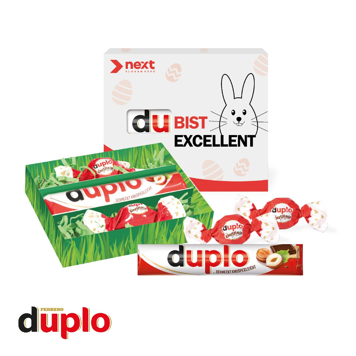 Osternest aus Karton mit Ostergras und bedruckter Werbefläche für dein Logo