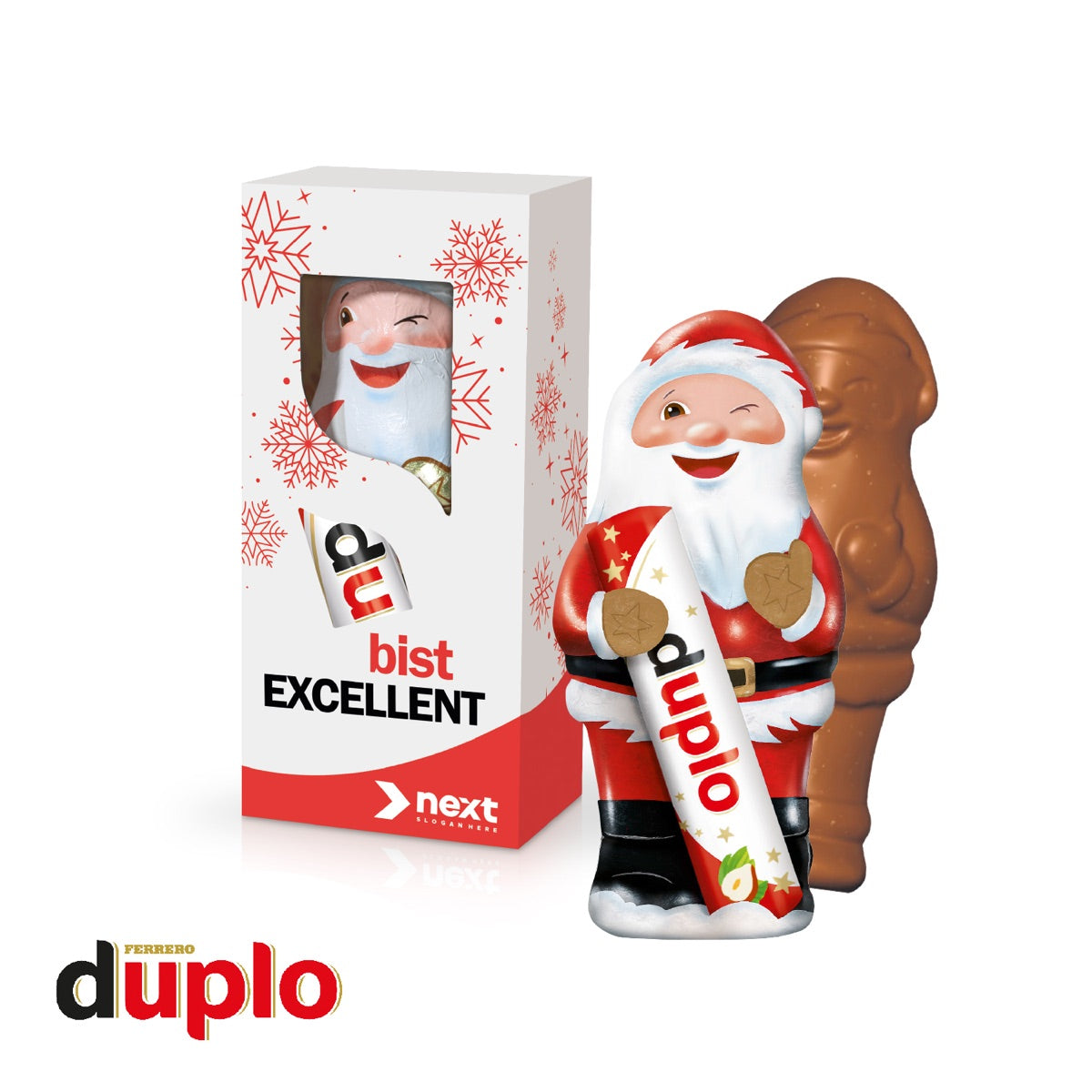 duplo Weihnachtsmann in individuell bedruckter Werbekartonage