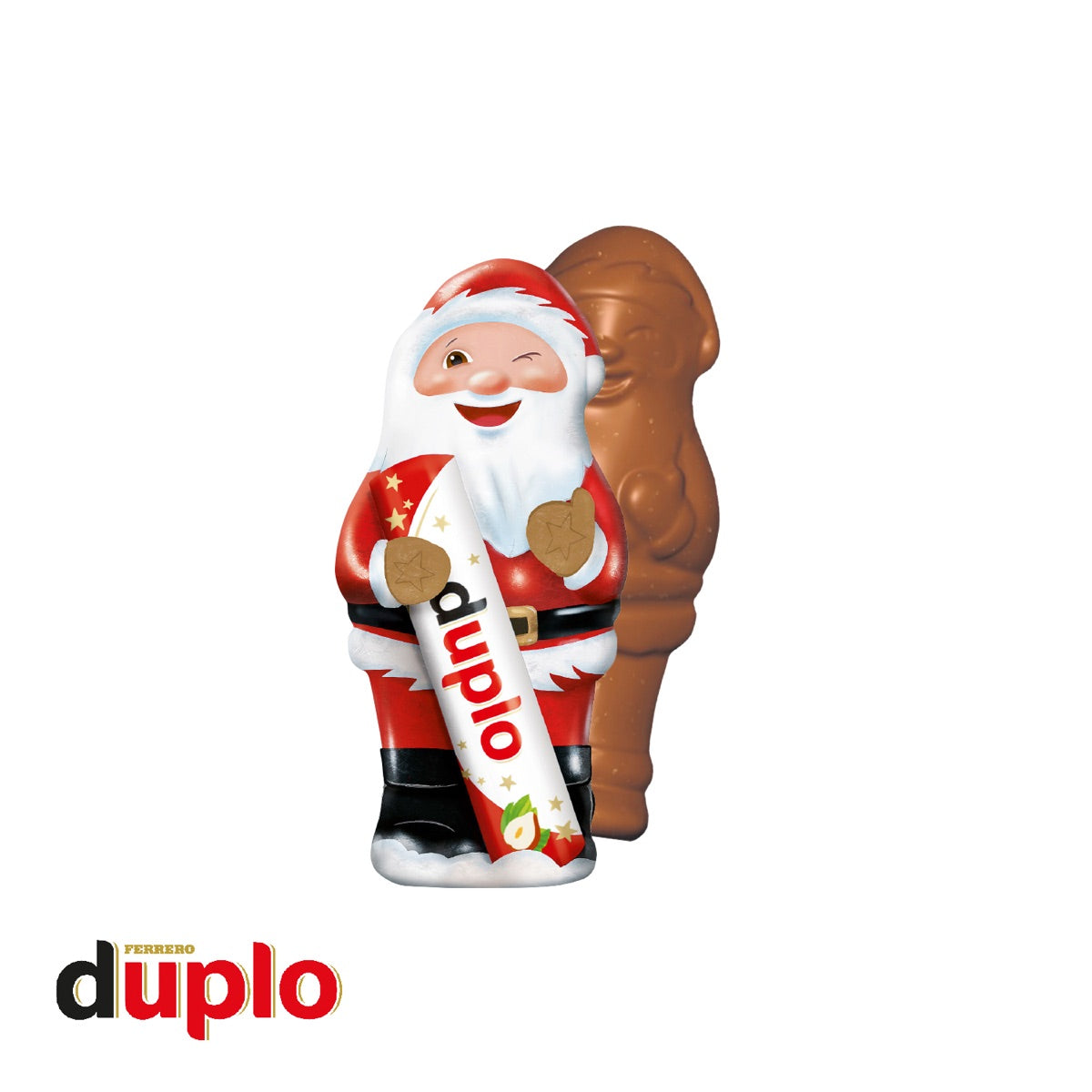 Werbekartonage geöffnet mit duplo Weihnachtsmann aus Milchschokolade