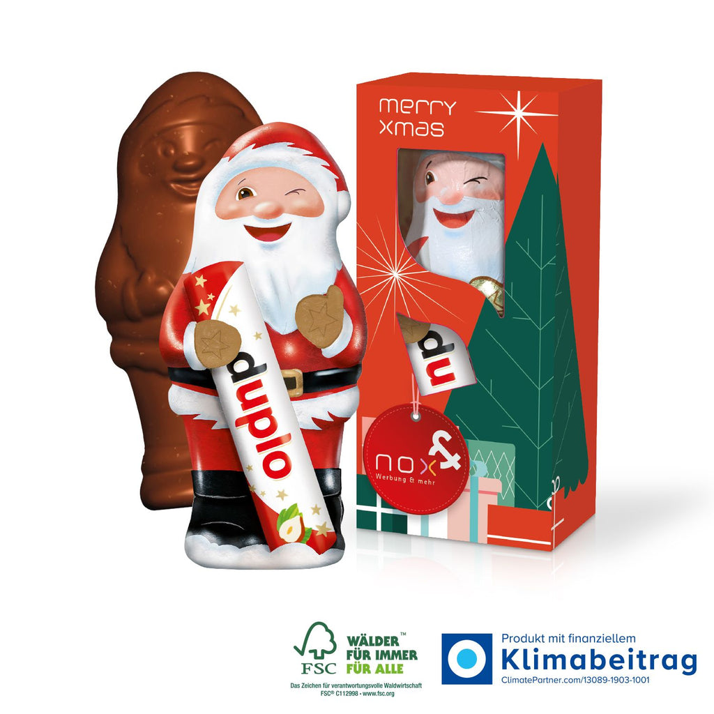 Verpackung des Duplo Weihnachtsmanns aus FSC®-zertifiziertem Karton, umweltfreundlich und ansprechend gestaltet.