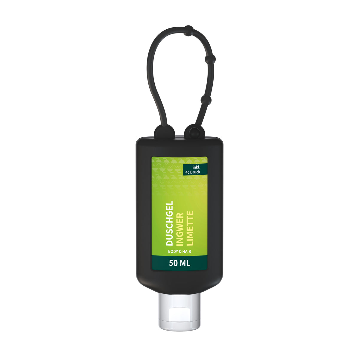 Duschgel Ingwer Limette 50 ml Flasche mit Silikonschlaufe – Schwarz
