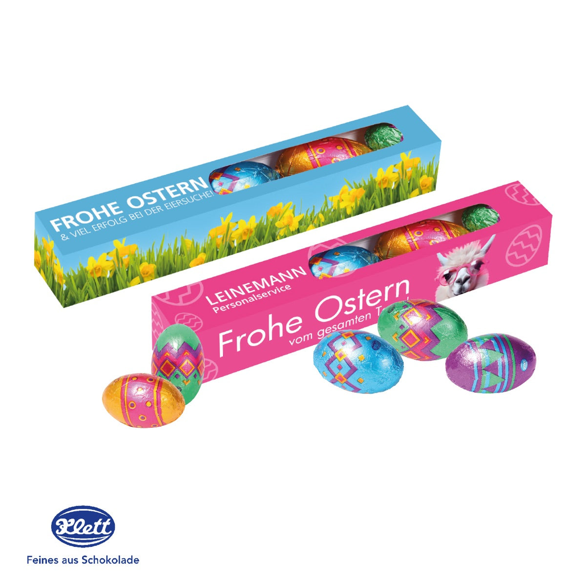 Schmale Werbeverpackung für vier Ostereier, vollflächig mit Logo bedruckt